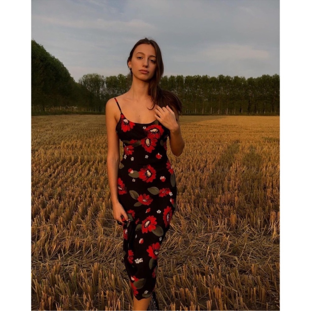 Realisation Par Black Satin Midi Slip Dress with Red Floral Print - Picture 2 of 13